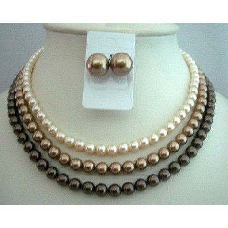 NSC348 Handcrafted 3 Strands Pearls Necklace Genuine Swarovski Pearls Necklace Set