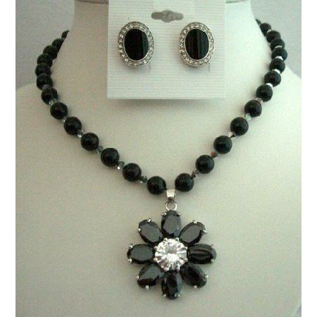 NSC251 Genuine Mystic Handcrafted Jewelry Swarovski Black Pearls Necklace Set w/ Flower Pendant