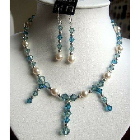 NSC121 Genuine Swarovski Aquamarine Crystals & cream Pearls Necklace Set Handcrafted