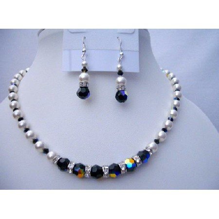 BRD363 Swarovski Pearls Crystals Necklace w/ Genuine Swarovski Pearls & AB Jet Crystals
