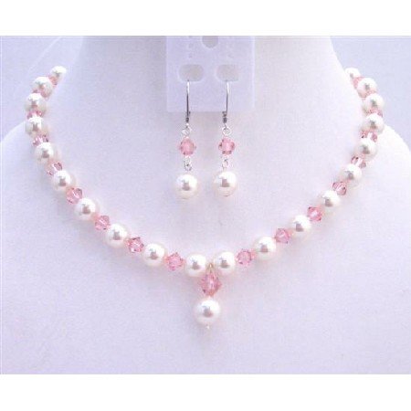 BRD739 Rose Pink Crystals White Pearls Fashionable Jewerlry Set Genuine Swarovski Crystals White