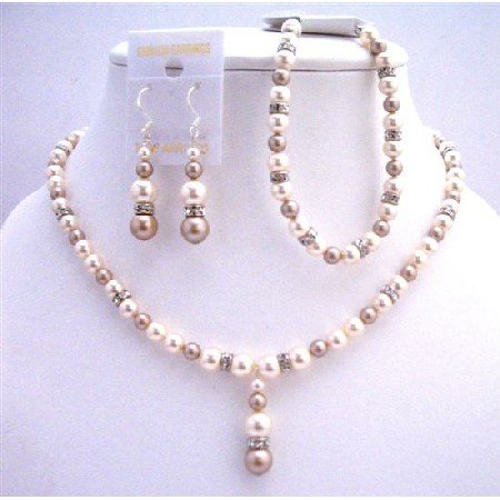 BRD721 CHampagne Ivory Pearls w/ Sparkling Simulated Diamond Spacer Drop Down Necklace