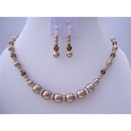 BRD429 Handcrafted Custom Pearls & Swarovski Crystals Bronze Pearls Necklace Set