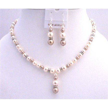 BRD731 Bridal Handmade Bridemaids Jewelry Set Ivory Champagne Swarovski Pearls w/ Silver Rondells