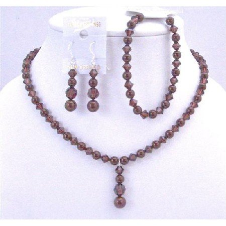 BRD719 Wine Color Bridal Jewelry Set Meroon Pearls Burgundy Crystals Complete Set Handcrafted