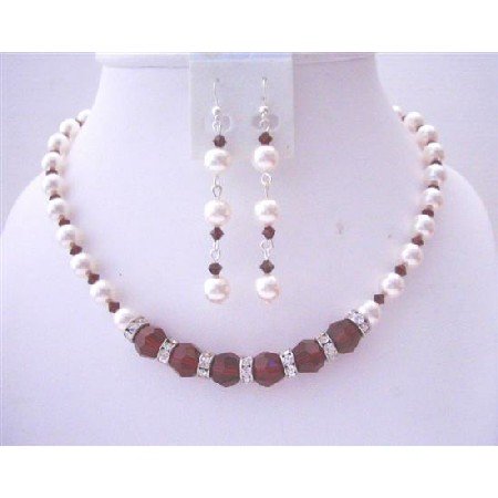 BRD532 White Pearls Dark Siam Red Crystals Birdemaids Bridal Jewelry Set Handcrafted Necklace