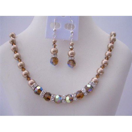 BRD408 Swarovski Smoked AB Topaz Crystals Jewelry Set w/ Genuine Swarovski Bronze Pearls