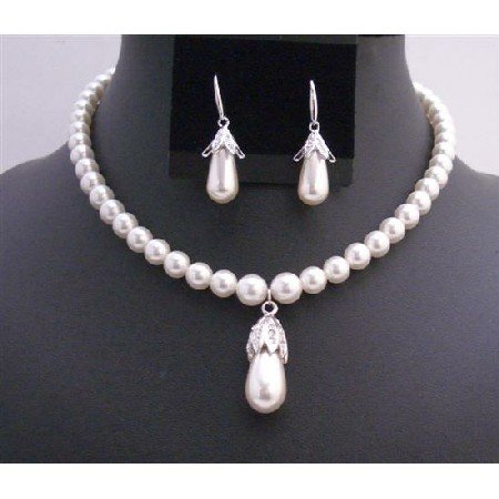 BRD730 Bridal Handcrafted White Pearls w Bridal Jewelry Set 8mm Pearls w/ Teardrop Earrings