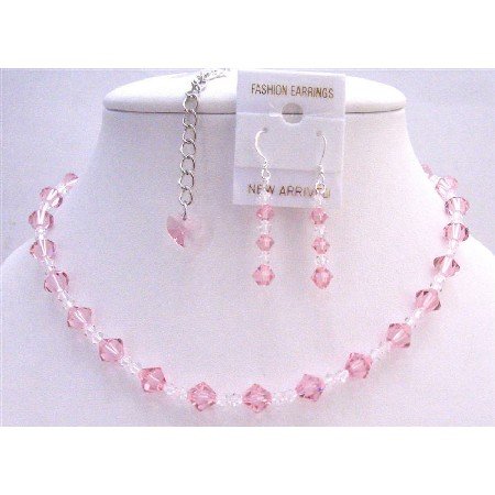 BRD758 Back Drop Heart Bridal Jewelry Set Swarovski Pale Pink Crystals w/ Clear Crystals Necklace