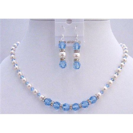 BRD742 Blue Jay Bridal Jewelry Set AB Aquamarine Crystals w/ White Pearls And Silver Rondells