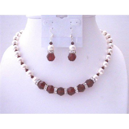 BRD504 White Pearls Swarovski Maroon Crystals 10mm Jewelry Set w/ Silver Rondells