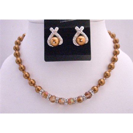 BRD723 Copper Pearls Copper Cryystal Jewelry Set Bridal Necklace Set w/ Round Coper Crystals