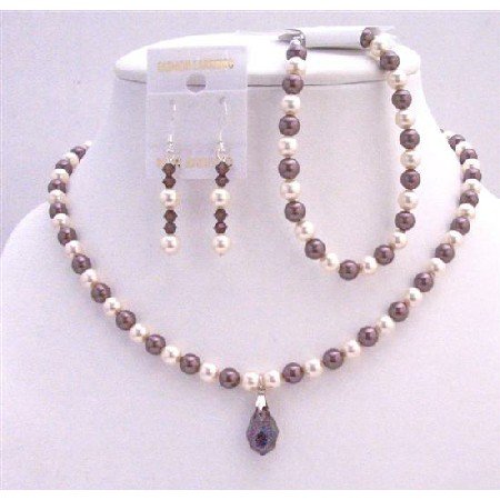 BRD720 Ivory & Burgundy Pearls Bridal Necklace Set Custom Your Wedding Jewelry Genuine Swarovski
