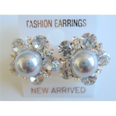 ERC460 Grey Pearls Stud Earrings Surrounded w/ Cubic Zircon Stud Earrings