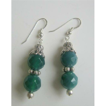 ERC369 Jade Faceted Round Bead Earrings w/ Bali Silver Sterling Silver Earrings