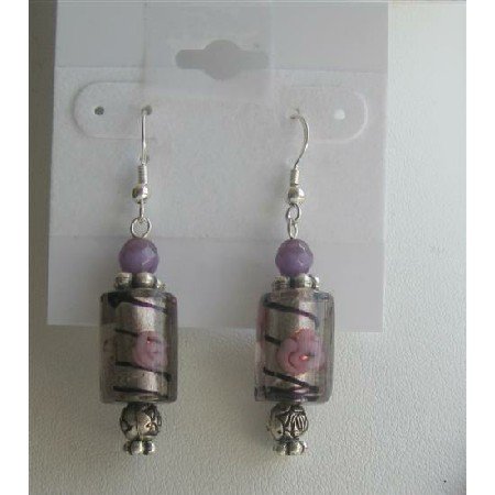 ERC374 Ethnic Millefiori Bead w/ Purpl Cat Eye & Cylindrical Millefiori Earrings Sterling Earrings