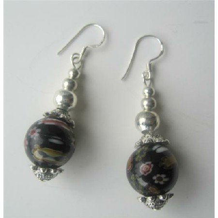ERC262 Black Round Millefiori Self Designed Bead Earrings w/ Bali Silver Sterling Silver