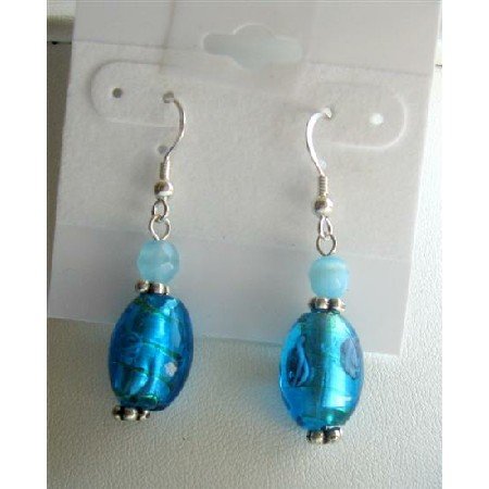 ERC376 Aquamarine Cat Eye Blue Millefiori Bead Earrings Sterling Earrings