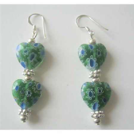 ERC294 Millefiori Heart Earrings Designed Bead Earrings w/ Bali Silver Sterling Silver Earrings