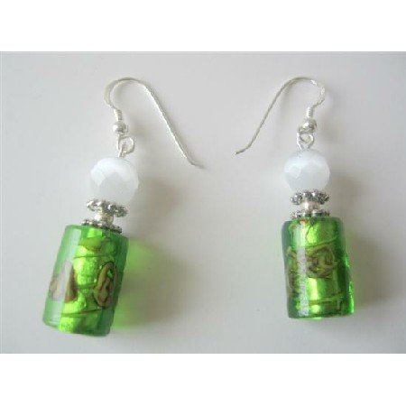 ERC295 White Cat Eye & Green Cylindrical Millefiori Earrings Designed Bead Earrings