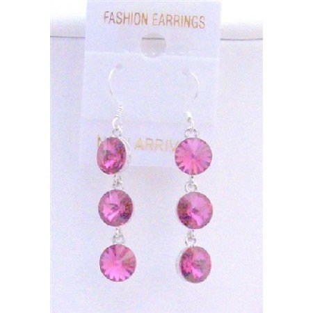 ERC428 Sexy Fuschia Crystals Dangle Earrings Round Crystals Bead 10mm Sterling silver Hook Earrings