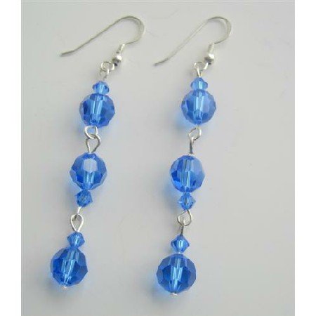 ERC350 Swarovski Blue Sapphire Dangling Earrings Sterling Silver Sapphire Crystals Earrings