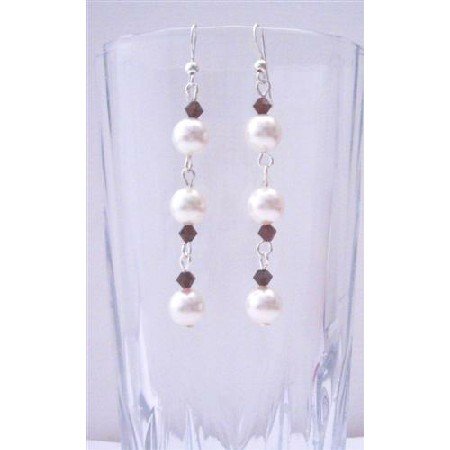 ERC358 Swarovski White Pearls And Siam Red Crystals Earrings Sterling Silver Hook Earrings