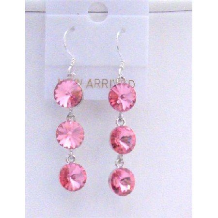 ERC430 Rose Pink Crystals Round 10mm Swarovski Crystals Dangle Earrings
