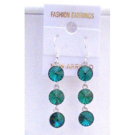 ERC427 Emerald Green Swarovski Round Crystals 10mm Dangle Earrings w/ Genuine Sterling Silver