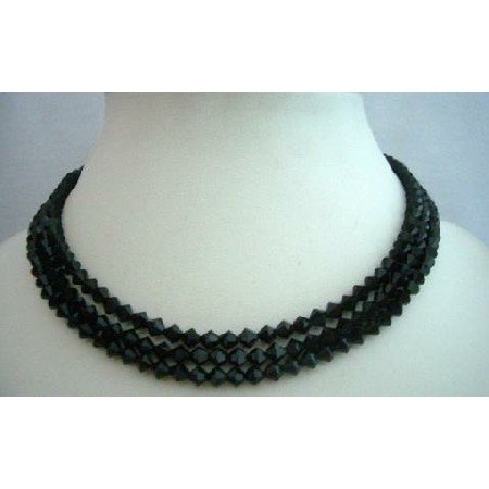 BRD337 Three Stranded Crystals Necklace Genuine Swarovski Jet Crystals(5mm) Handcrafted Necklace