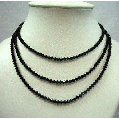 BRD342 Custom 3 Stranded Handcrafted Genuine Swarovski Jet Crystals(4mm) Necklace