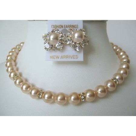 BRD309 Rich Of Pearls Swarovski Peach Pearls Bridal Mother Jewelry Bridesmaids w/ Gold Rondells