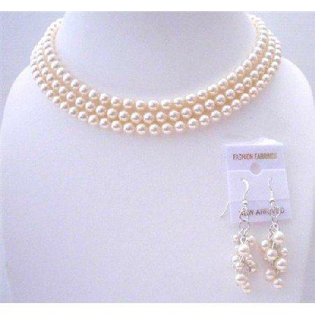 BRD568 Ivory Pearls 3 Stranded Necklace Set Beautifully Handcrafted3 Stranded Genuine Swavorski