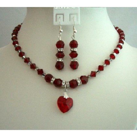 BRD254 Bridal & Bridesmaid Jewelry Red Crystals Heart Pendant Necklace Set