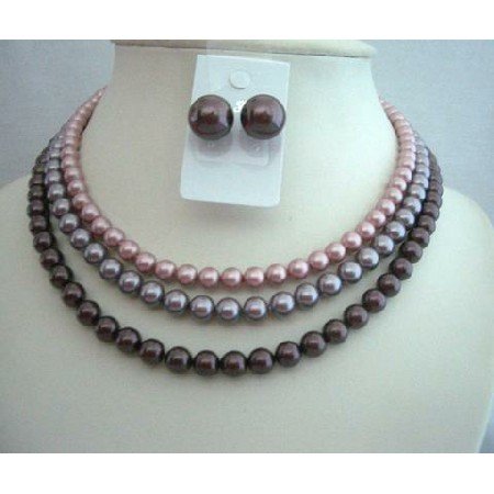 BRD308 THREE STRANDS NECKLACE SET Beautifully Handcrafted3 Stranded Genuine Swavorski