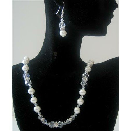 BRD377 Clear Crystals Bridal Jewelry w/ Genuine Swarovski White Pearls & Clear Crystals