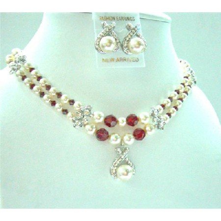 BRD718 Double Stranded Necklace Bridal Bridemaides Cream Pearsl/Siam Red Swarovski Crystals