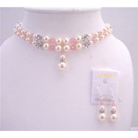 BRD550 Swarovski Rose Pink Crystals Ivory Swarovski Pearls Double Stranded Pearls & Crystals