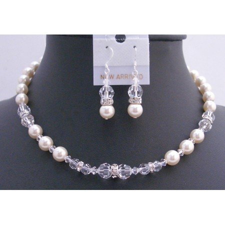 BRD744 Ivory Pearls Clear Crystals Bridal Jewelry Set w/ Silver Rondells Handmade Necklace
