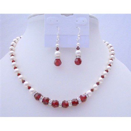 BRD389 Pearls & Crystals Handcrafted Jewelry Genuine Swarovski White Pearls & Siam Red