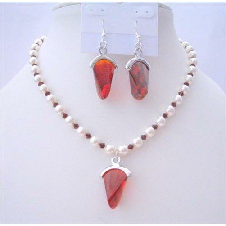 BRD399 White Pearls Jewelry Set w/ Swarovski Siam Red Crystals And Rhinestone Rd Pyramid Pendant