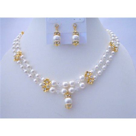 BRD394 Bridal Jewelry Double Stranded Genuine Swarovski White Pearls & Swarovski Crystals Necklace