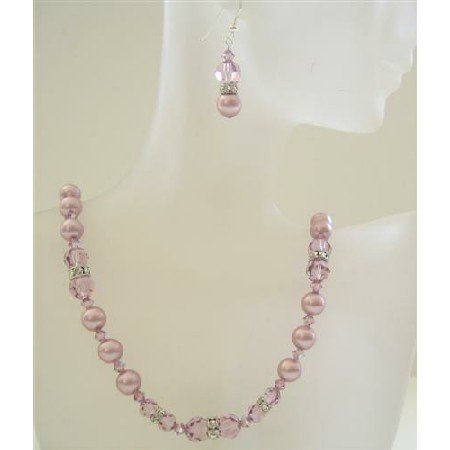 BRD372 Powder Rose Pearls Jewelry w/ Amethyst Swarovsk Crystals Wedding Party Handcrafted Necklace