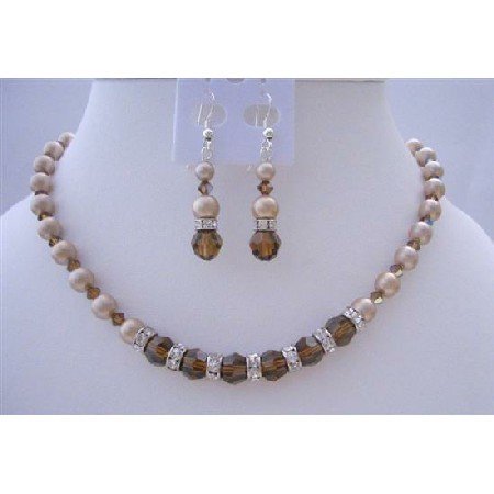 BRD425 Bridemadied Pearls And Crystals Necklace Set Bronze Pearls Smoked Topaz Crystals