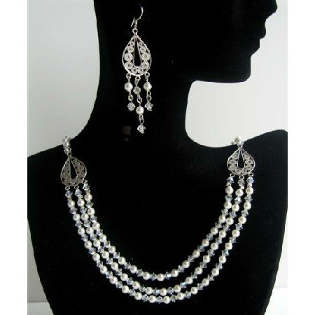 BRD385 Genuine Swarovski Crystals Collection White Pearls And Moonlite Crystals 3 Strands