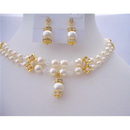 BRD395 Bridal Dream Jewelry Double Stranded Genuine Swarovski Pearls & Swarovski Crystals