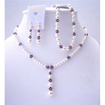 BRD484 White Pearls And Amethyst Crystals Necklace Earrings & Bracelets Custom Swarovski