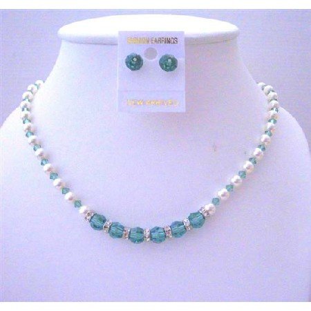 BRD502 Erinite Green Swarovski Crystals & White Pearls w/ Crystals Stud Earrings w/ Rondells