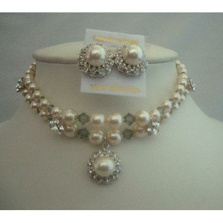 BRD156 Crystals Dreams Double Stranded Pearls & Swarovski Crystals Chokers Genuine Cream Pearls
