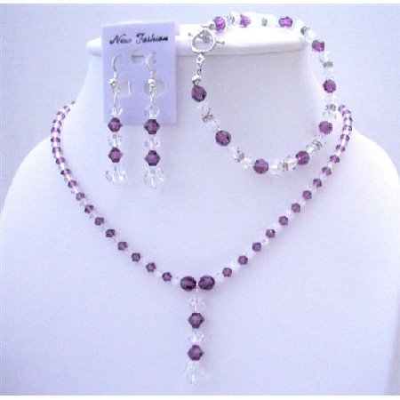 BRD414 Amethyst Crystals Custom Jewelry Swarovski AB & Amethyst Crystals Necklace Earrings